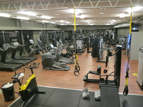 Gym floor with treadmills, ellipticals, and weight machines